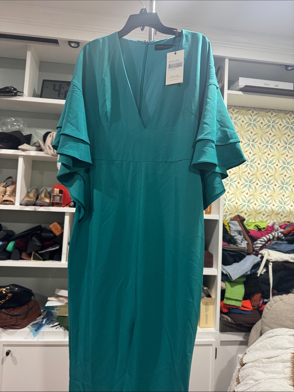 Lavish Alice Teal V-Neck Midi Dress with Tiered Flutter Sleeves